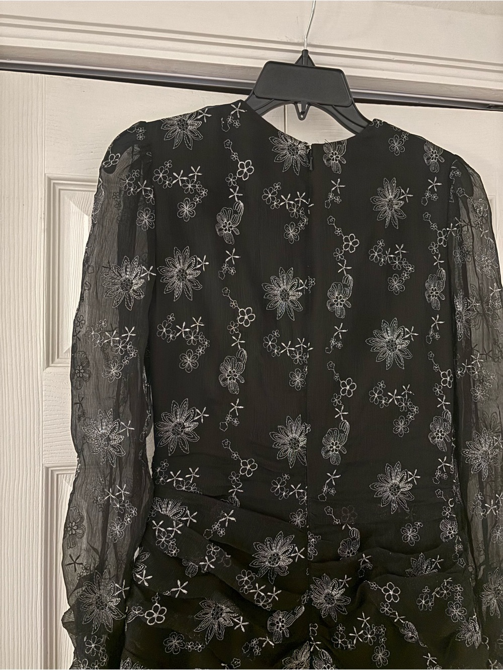 STEVIE MAY Black Long Sleeve Silver Floral Ruffle Ruched Mini Dress - Picture 14 of 15